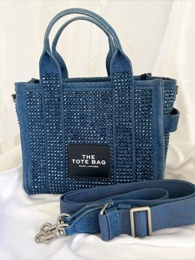 MARC JACOBS The Crystal Denim Small Tote Bag Crossbody Glam Bling